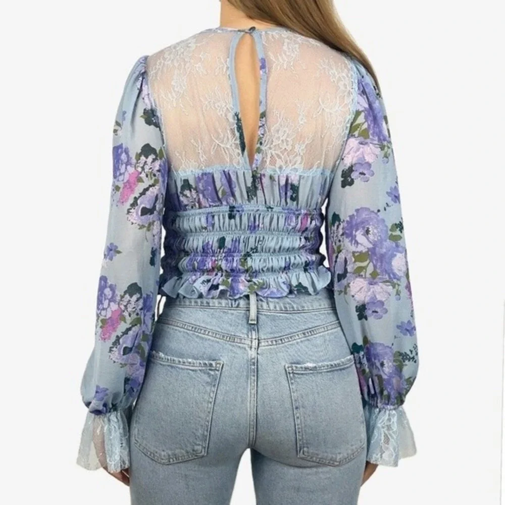 Free People Daphne Blouse Size S Blue Floral Lace Boho Cottage Girlcore Romantic